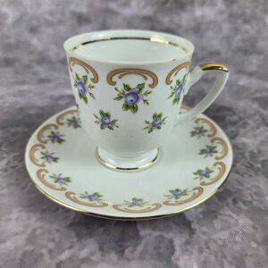 Vintage Tirschenreuth Bavaria Demitasse Cup & Saucer Purple Floral Gold Accents